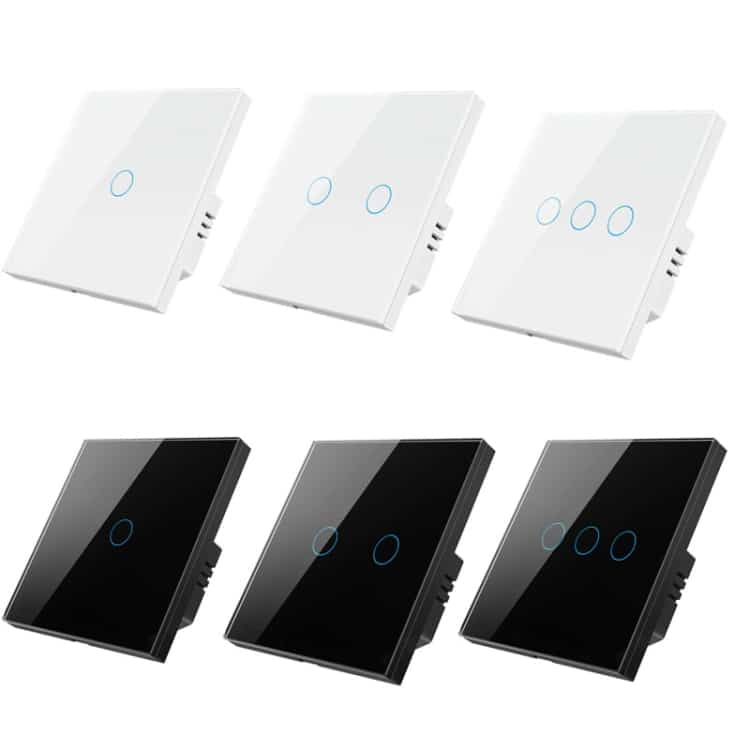 Tuya ZigBee Smart Wall Light Switch - Voice Control - EU Plug - Easy Installation 2 Set Of Touch Control Light Switches In White And Black With Blue Indicator Lights.