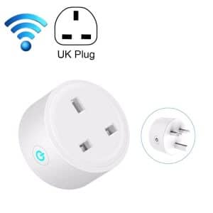 Smart plug with UK three-pin configuration and Wi-Fi connectivity feature.