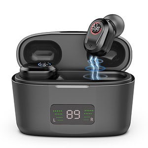 Wireless Bluetooth earbuds charging case with digital display and LED indicators for battery life and connectivity.