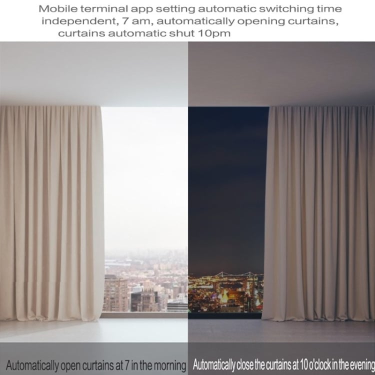 Revolutionize Your Home with X101 Smart Curtain Machine & Remote Control 6 Image Showing Automated Curtains With A Mobile App Interface For Scheduling Opening And Closing Times.