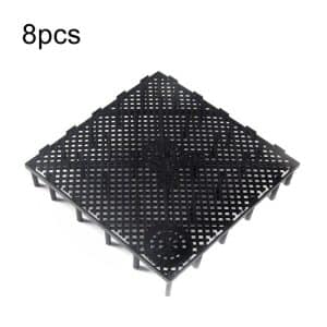 Set of eight black plastic grid mats with a perforated design for drainage and ventilation.