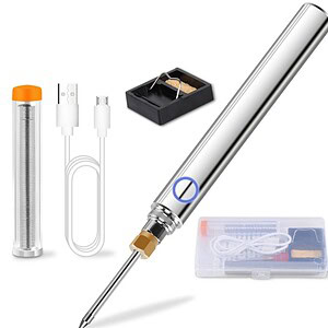 Portable soldering iron kit with adjustable temperature, USB charging, and safety features for electronics repair and DIY projects. Includes stand, sponge, and case for convenient use.