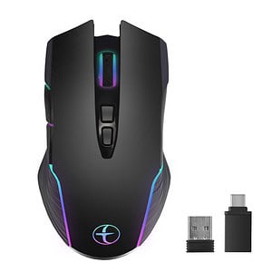 RGB gaming mouse with customizable lighting and wireless receiver for high-precision computer gaming setups.