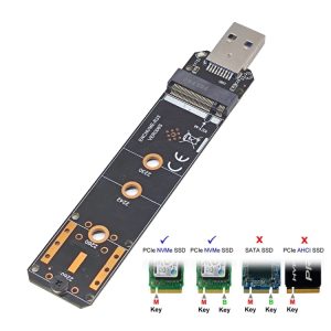 M.2 NVMe to USB adapter card with multiple connection options for SSDs.