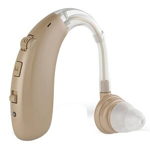 Hearing aid device in beige color with volume and program controls, wireless connectivity, and comfortable in-ear design for improved hearing assistance.