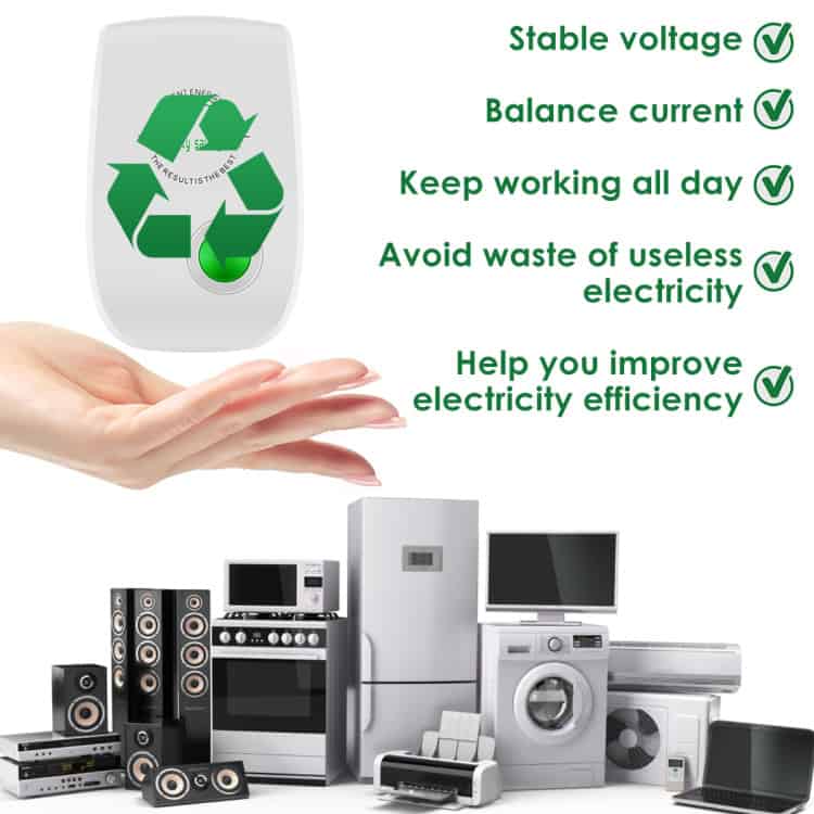 Energy Saver Portable Safety Power Box - Efficient Smart Home Solution 6 Recyclable Energy Preservation Icon With Eco-Friendly Symbols And Household Appliances Showcasing Energy Efficiency.