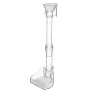 Transparent liquid measuring device with a funnel and graduated markings for measurement.