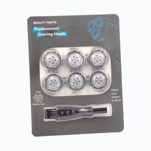 Set of six replacement shaving heads with a cleaning brush in a packaging design.