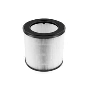 Round air filter with a black frame and white pleated material for air purification.
