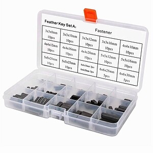 Assorted metal fastener bits organized in a clear plastic storage box with labeled compartments. Perfect for electronic, hardware, or DIY projects requiring different screw sizes and types.