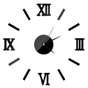 Black wall clock featuring Roman numerals and sleek black hands on a white background.