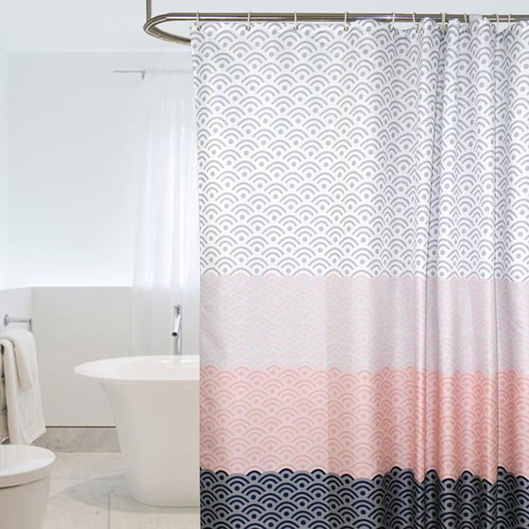 Modern Geometric Design Waterproof Shower Curtain - Transform Your Bath 2 Luxury Bathroom With White Bathtub And Decorative Shower Curtain Featuring Pink, Navy, And Gray Patterns, Modern Bathroom Decor, And Clean Aesthetic, Syndmart Branding Included.