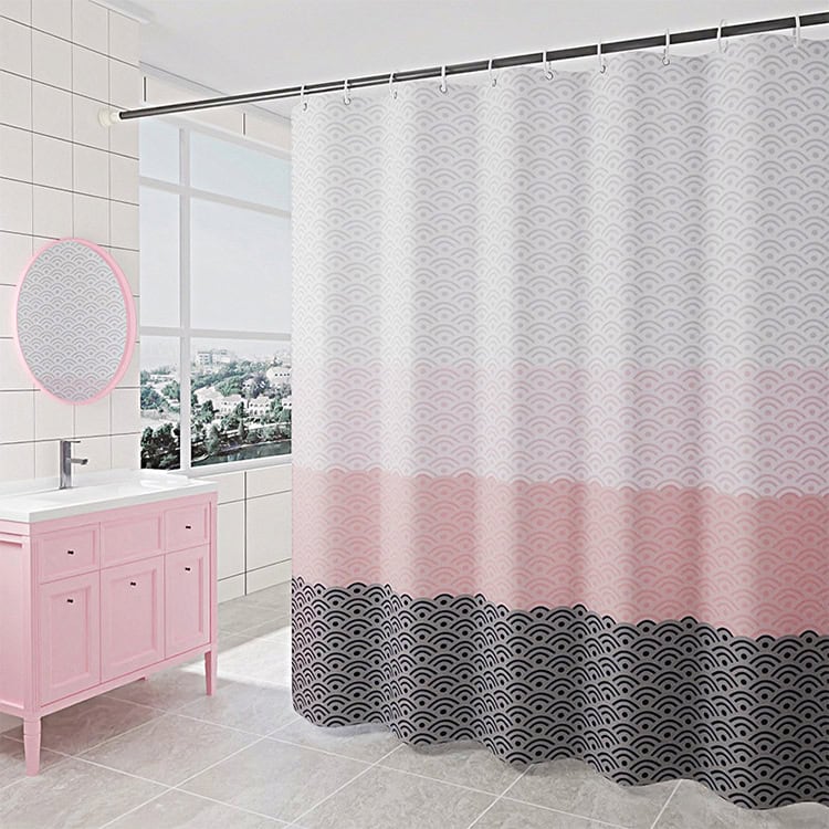 Modern Geometric Design Waterproof Shower Curtain - Transform Your Bath 7 Pink And Black Patterned Shower Curtain With Gradient Design For Bathroom Decor, Featuring Wave Motifs And Modern Style. Ideal For Enhancing A Contemporary Bathroom Environment.