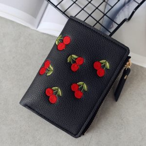 Cherry Embroidered PU Leather Coin Purse with Card Holders