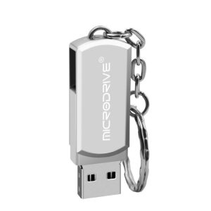 USB flash drive with keychain attachment, silver portable storage device, high-speed data transfer, convenient and compact for on-the-go use.