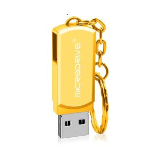 Gold USB flash drive with keychain, Micro Drive branded, portable data storage, compact and stylish design, ideal for secure file transfer.