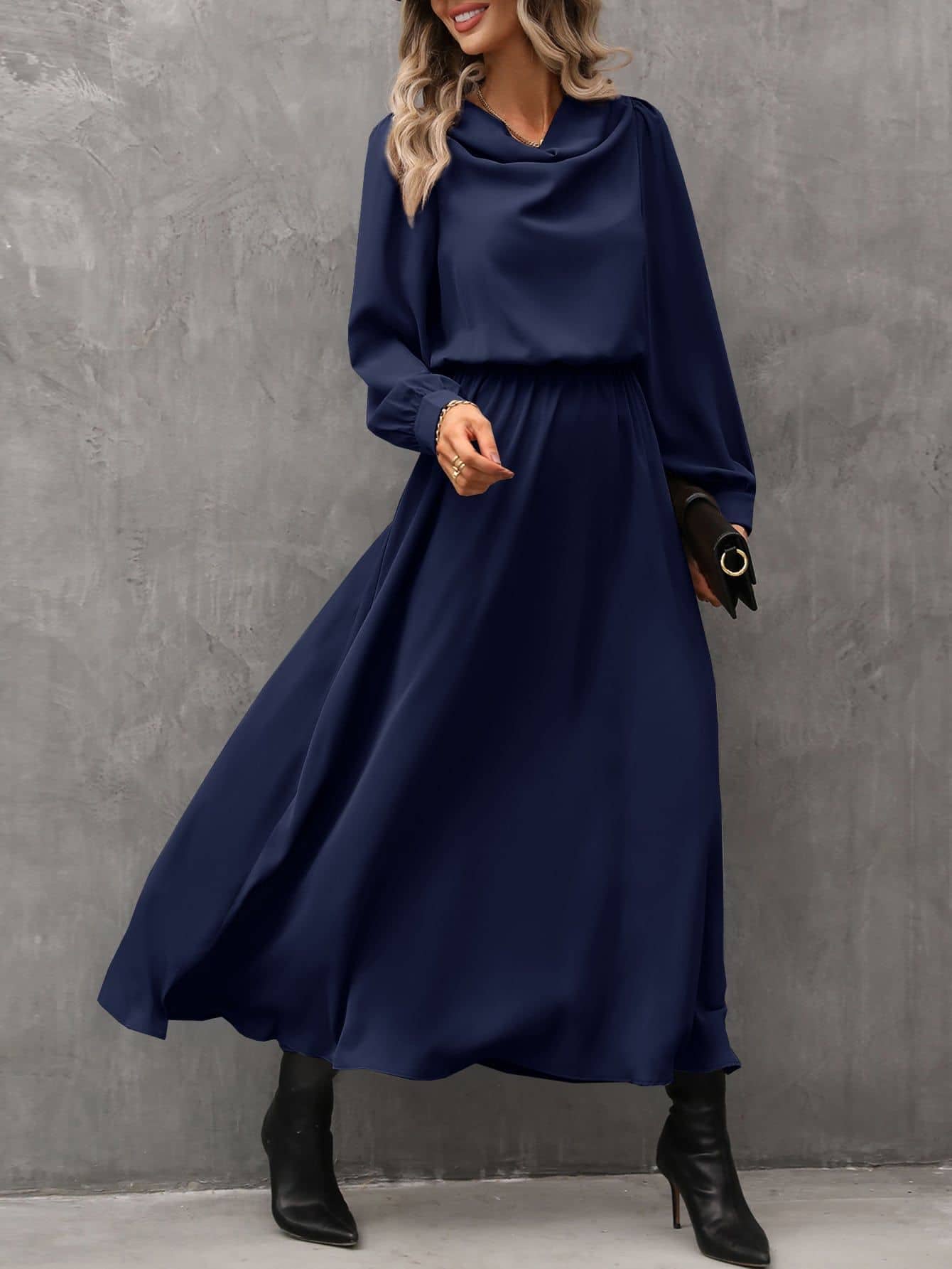 Elegant Women's Long Sleeve Drape Dress - Versatile and Flattering 4 Elegant Navy Blue Long Dress With A Satin Finish, Paired With Black High-Heeled Boots And Jewelry, Perfect For Formal Occasions And Stylish Events.
