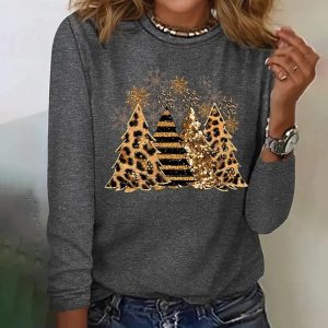 Gray sweatshirt featuring a design of Christmas trees in various patterns including leopard print and stripes.