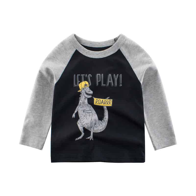 Boys Long Sleeve T-shirt: Comfortable & Stylish Essential for Kids 2 Cute Kids' Sweatshirt With Dinosaur Graphic, &Quot;Let'S Play!&Quot; Slogan, And Playful Design Featuring A Dinosaur Wearing A Yellow Cap. Perfect For Children'S Casual Wear, Combining Comfort And Fun Style.