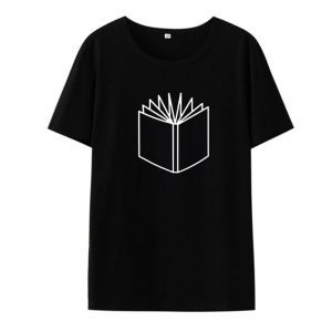 Open book graphic T-shirt for casual fashion, black shirt with minimalist white book illustration, ideal for book lovers and literary enthusiasts, stylish and comfortable everyday wear.