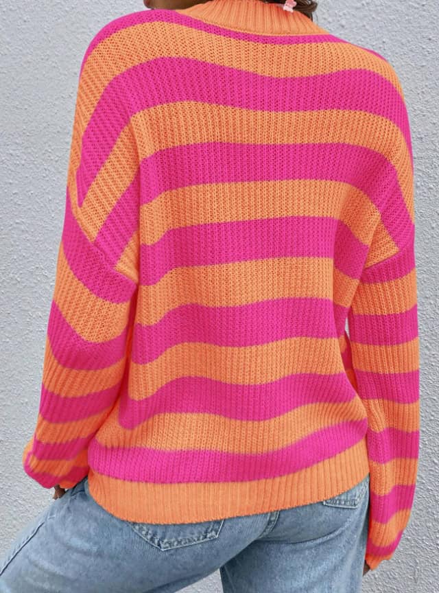 Chic Stripe Love Drop-Shoulder Sweater: Cozy Knit Fashion Statement 3 Colorful Striped Knit Sweater In Vibrant Pink And Orange, Casual Fashion For Women, Perfect For Fall Or Winter.