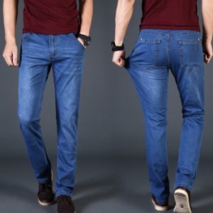 Comfortable men's blue jeans showcasing classic fit and stylish design for casual wear.