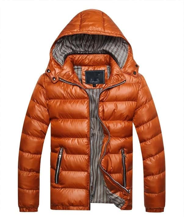 Arctic Shield Winter Puffer Jacket - Arctic-Grade Warmth & Style for Cold Days 4 Down Insulated Orange Puffer Jacket With Striped Lining And Zippered Pockets, Ideal For Cold Weather. Perfect For Stylish Winter Outerwear.