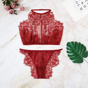 Luxurious Red Lace Lingerie Set Featuring Intricate Floral Embroidery, Perfect For Intimate Wear And Special Occasions, Available At Syndmart Online Shop.