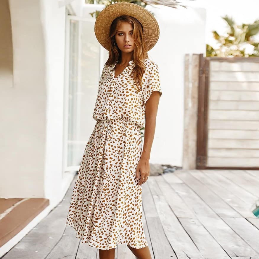 Floral Lace Elastic Waist Dress - Casual Chic Short-Sleeved Cotton Outfit 4 Leopard Print Summer Dress With A Flowy Skirt And Casual Fit, Perfect For Outdoor Or Vacation Wear, Styled With A Wide-Brim Straw Hat For A Chic And Relaxed Look.