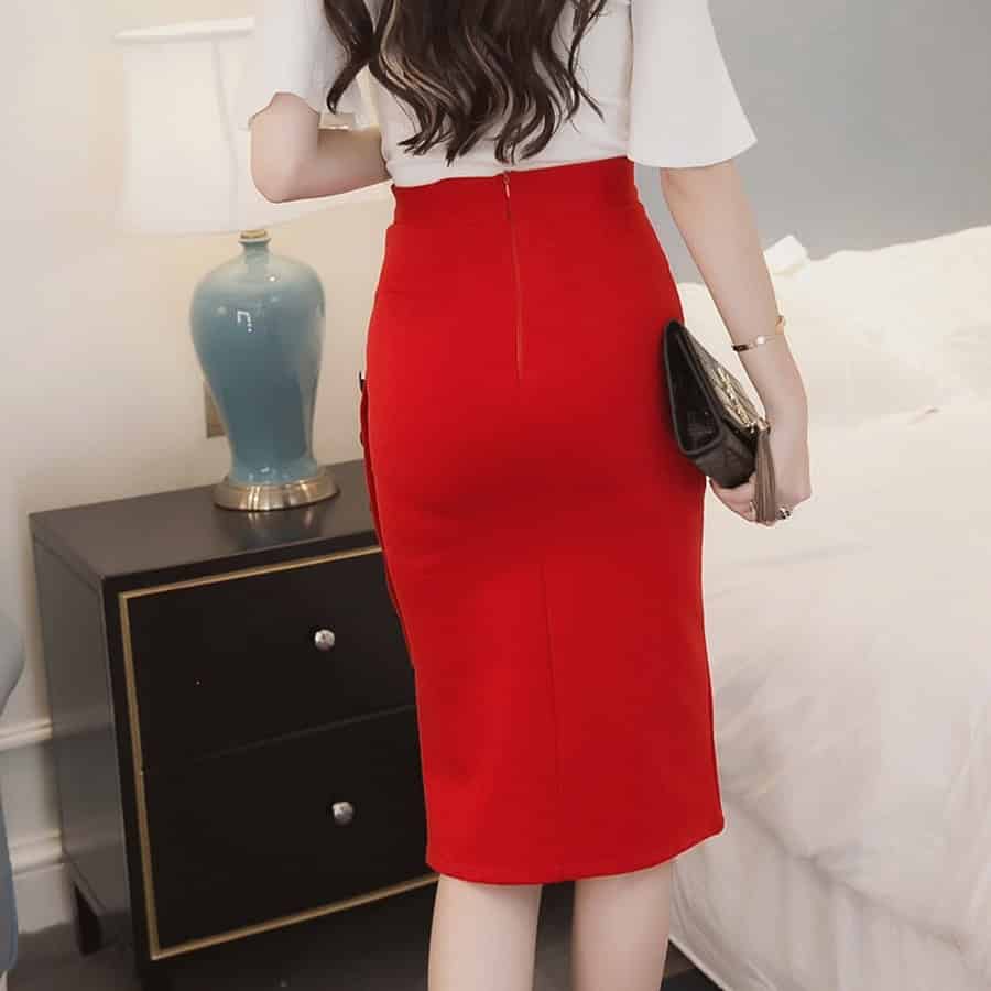 Elegant Split Skirt - Sophisticated Hip Skirt for Stylish Statements 4 Red Pencil Skirt And White Top Stylish Outfit, Woman Holding Clutch Bag, Modern Bedroom Setting, Fashion, Women'S Clothing, Elegant Look, Trendy Apparel.