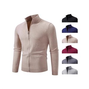 Men'S Zip-Up Sweater Displayed In Beige With Additional Color Options Shown Alongside.