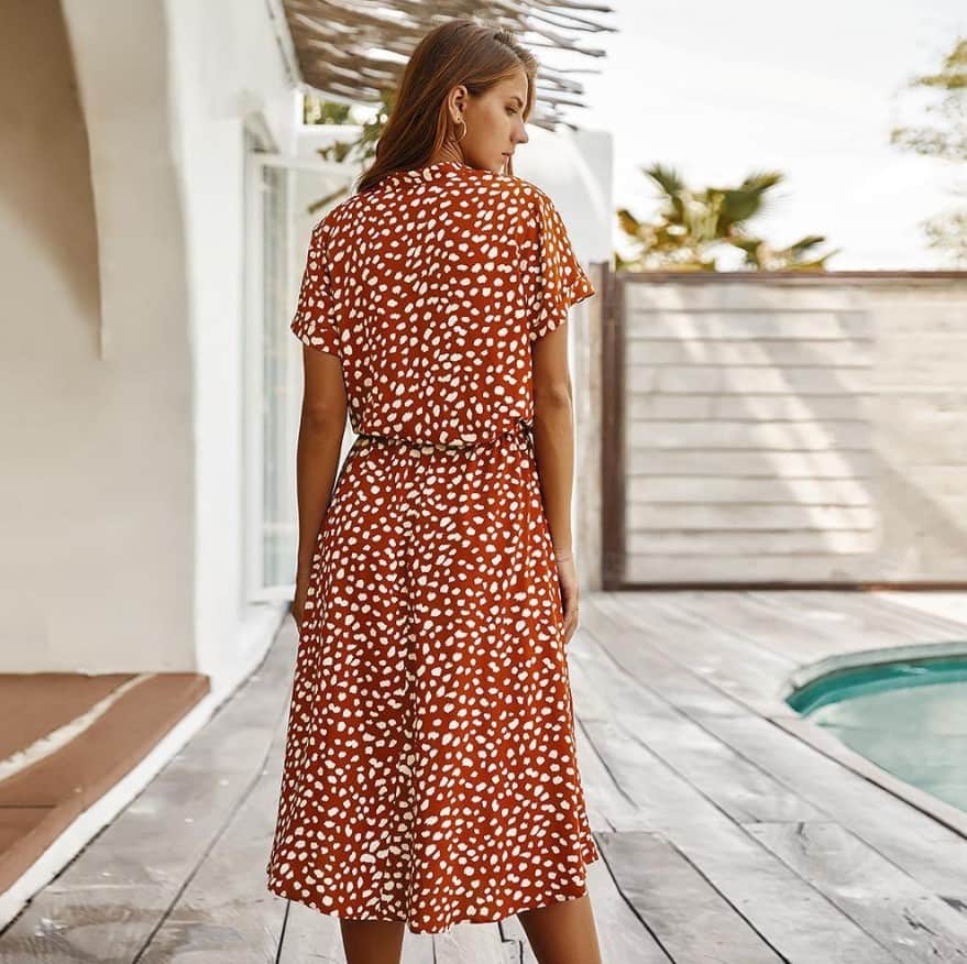 Floral Lace Elastic Waist Dress - Casual Chic Short-Sleeved Cotton Outfit 3 Feminine Rust-Colored Polka Dot Dress With Short Sleeves And A Midi Length, Perfect For Casual Outings Or Summer Events. Stylish, Comfortable, And Ideal For Modern Fashion Trends.