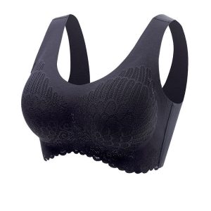 Black lace wireless bra with floral pattern, seamless design, comfortable fit, and supportive structure for everyday wear. Perfect for women seeking style and comfort.