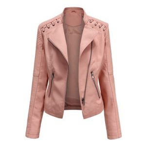 Stylish pink women's leather jacket with quilted shoulder details and zipper pockets, perfect for fashion-forward casual wear.