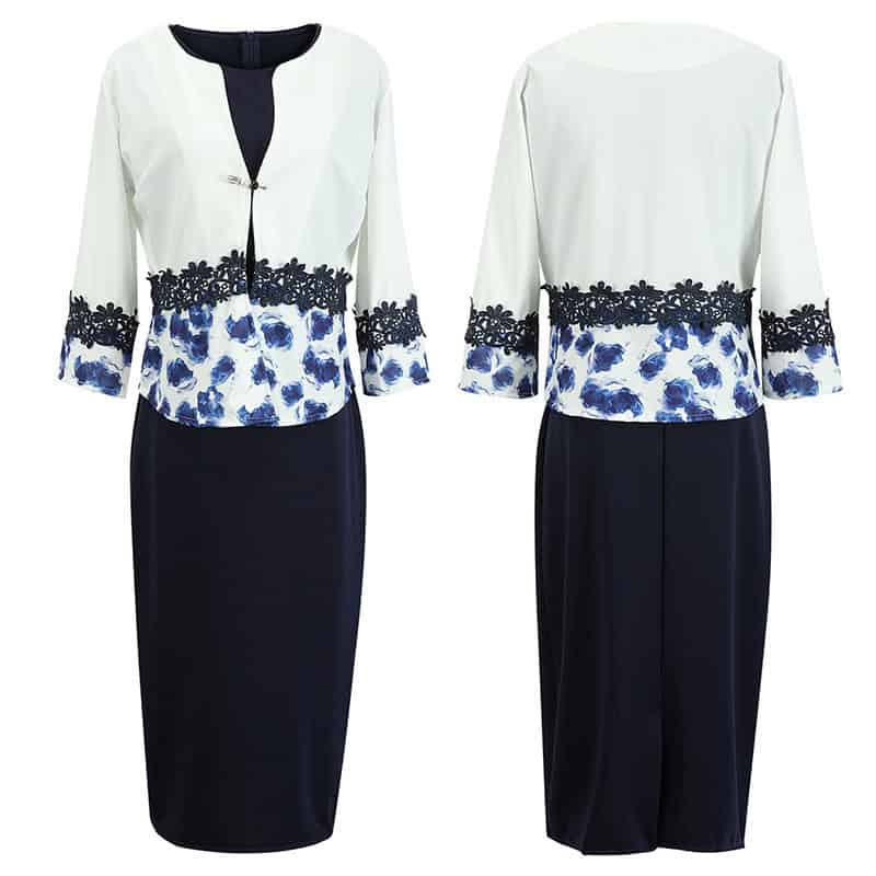 Stylishly Sophisticated Printed Jacket Dress Suit for Women - Elegant Choice 5 Elegant Women'S Formal Suit With A White Embroidered Jacket And Navy Blue Skirt, Perfect For Business Or Special Occasions. Features Floral Lace Details On Sleeves And Hem For A Sophisticated Look.