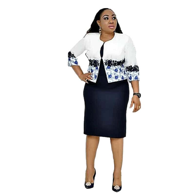 Stylishly Sophisticated Printed Jacket Dress Suit for Women - Elegant Choice 1 Elegant Plus Size Business Attire For Women Featuring A Stylish White And Navy Embroidered Blazer With A Matching Pencil Skirt, Perfect For Professional Settings And Conferences.