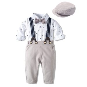 Elegant children's formal outfit with suspenders, bow tie, and matching cap, perfect for special occasions or events. Stylish and comfortable clothing for young boys from Syndmart.