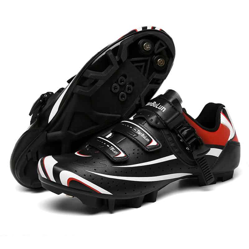 Unisex All-Terrain Couples Cycling Shoes | Outdoor Non-lock Rubber Sole Men/Women 6 Black And Red Cycling Shoes With A Sleek Design And Adjustable Straps.