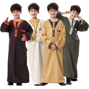 Traditional Boys' Islamic Prayer Robes, Also Known As Thobes Or Kanduras, Stylishly Designed, For Religious And Cultural Occasions, Made From Comfortable Fabric In Various Colors.