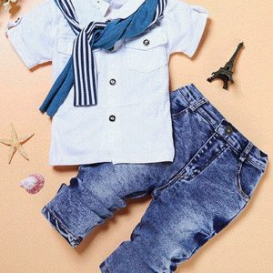 Stylish Children'S Summer Outfit With A White Shirt, Blue Striped Scarf, Denim Jeans, Mini Eiffel Tower, Seashell, And Starfish For Beach Or Casual Wear.