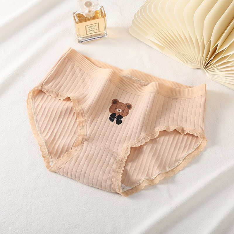 Cute Bear Student Underwear Set for Girls - Adorable Cartoon Design! 4 Cute Beige Ribbed Women'S Underwear With A Teddy Bear Print, Perfect For Comfortable Everyday Wear, Available On Syndmart For Stylish Lingerie Essentials.