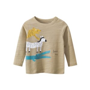 Colorful children's long sleeve shirt featuring playful animal graphics including a lion, zebra, and crocodile with the text "feed me"; perfect for kids' casual wear or playtime.
