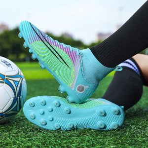 Blue soccer cleats with neon green accents on a grassy field with a white and blue soccer ball in the background, athletic footwear for soccer players, sports gear, turf shoes, outdoor sports equipment.