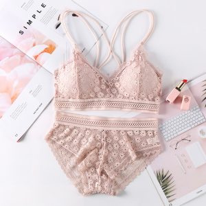 Floral lace pink lingerie set with bralette and matching high-waisted shorts, ideal for intimate wear and stylish sleepwear. Perfect for women seeking delicate, comfortable, and fashionable loungewear options.