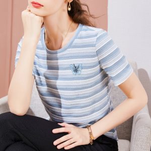 Striped casual t-shirt with butterfly embroidered detail, perfect for everyday wear, stylish and comfortable, fashion essentials, trendy women's clothing from Syndmart.
