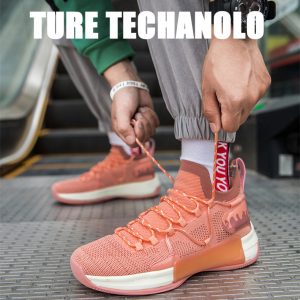 Bright coral-colored running shoes with modern tech design, laced up by a person on a textured floor, emphasizing innovative footwear technology.