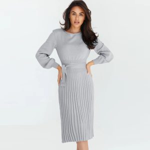 Elegant gray sweater and pleated midi skirt set, perfect for fall or office wear, showcasing stylish women's fashion apparel from Syndmart.