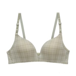 Grid-pattern beige bra with adjustable straps, seamless design, comfortable fit, perfect for everyday wear, stylish lingerie from Syndmart.