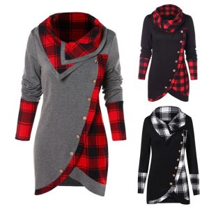 Warm women's plaid and color-block cardigan with button details, stylish and cozy for fall fashion.