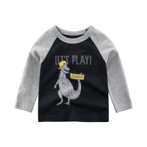 Colorful children's sweatshirt featuring a playful dinosaur graphic with "LET'S PLAY!" text, playful design, and fun slogan, perfect for kids' casual wear.